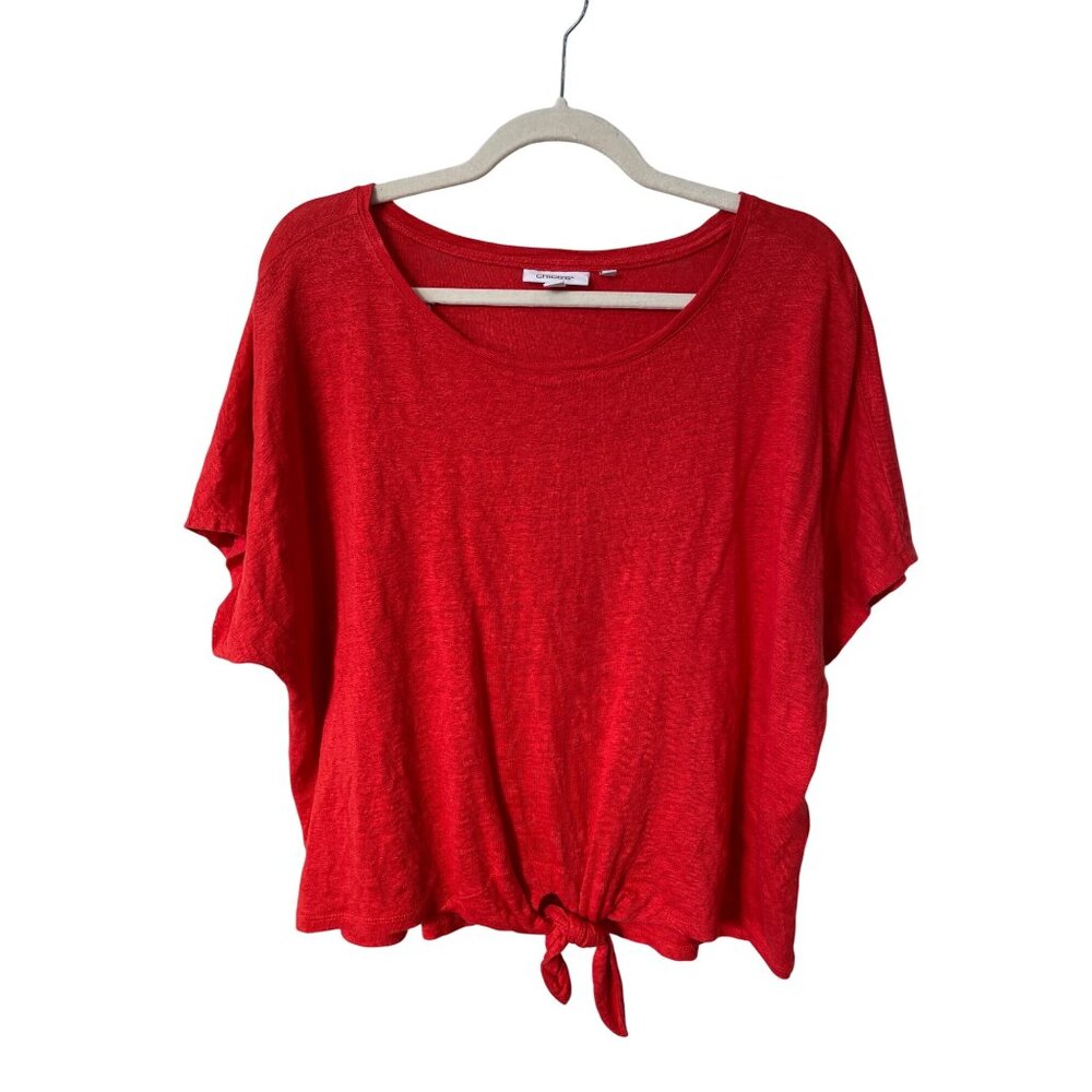 Chicos Top Size Large Tie Front Short Sleeve Linen Round Neck Red Everyday Wear